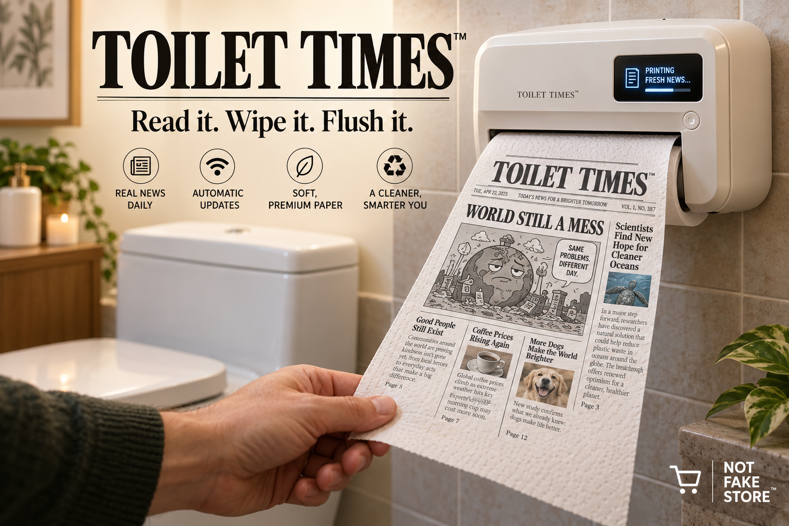 Toilet Times™: The Smart Dispenser That Prints News on Toilet Paper